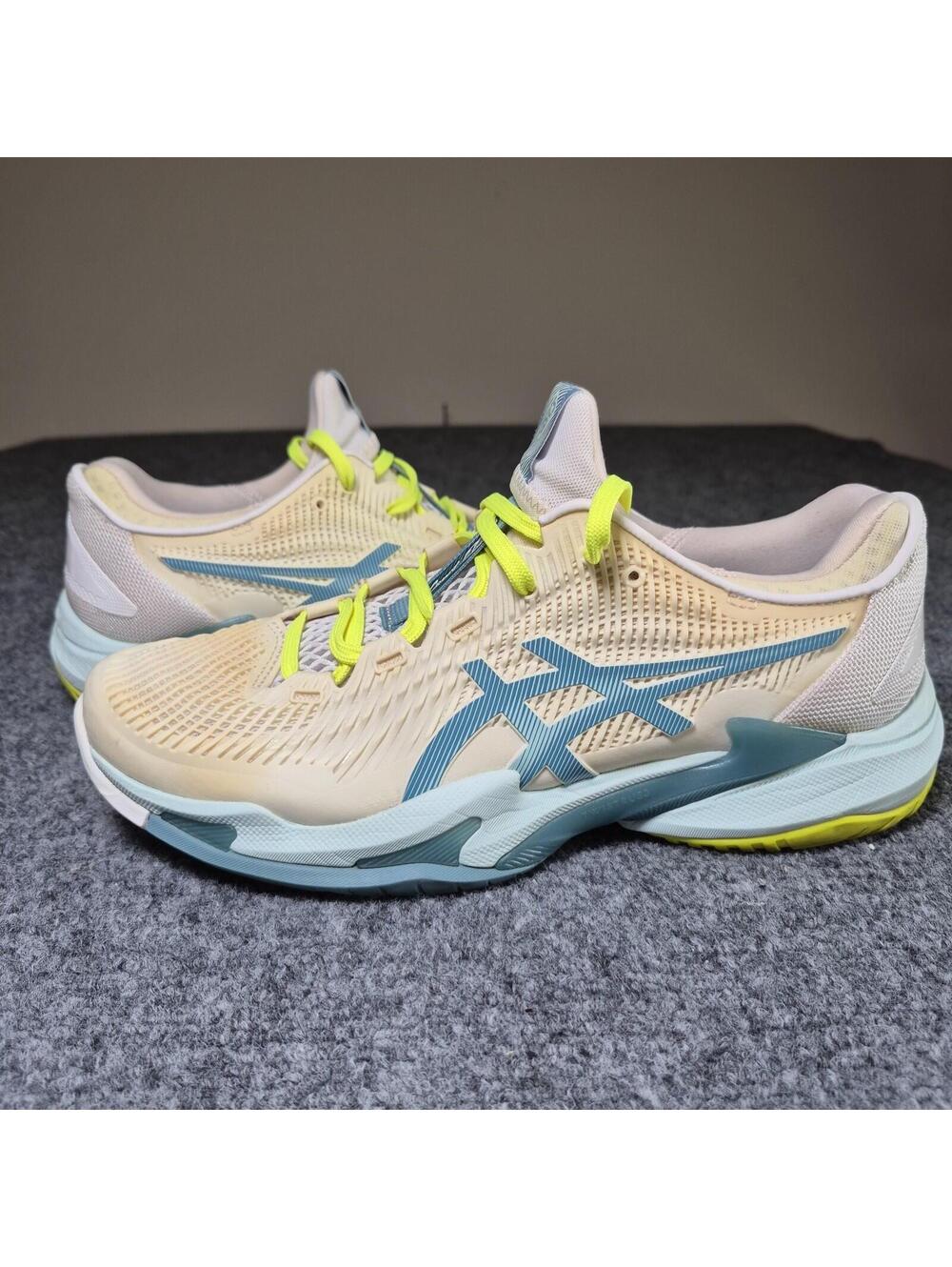 Men’s Sz. 9.5 Woman’s Size 11 - Asics Court FF 3 Hazard White/Yellow Green 1042a